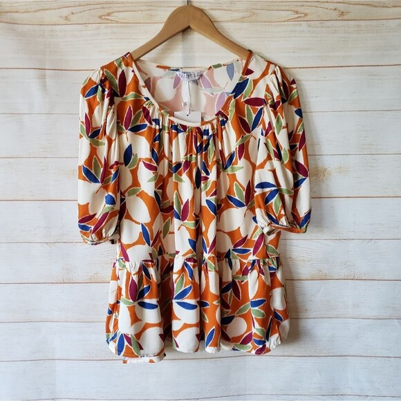 Compania Fantastica Estampado Floral Ruffle Hem Round Neck Blouse Women's Small - Picture 2 of 9